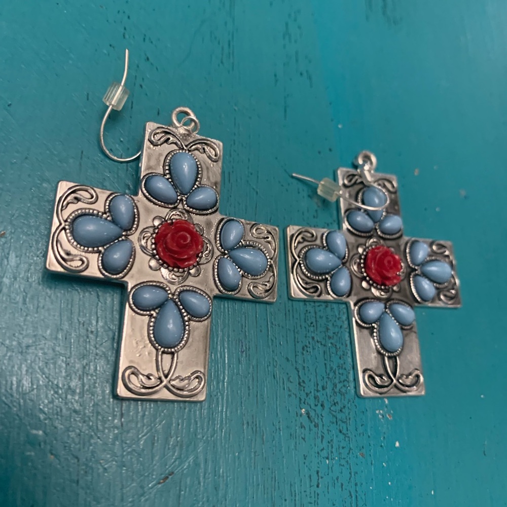 Turquoise and red beaded cross earrings